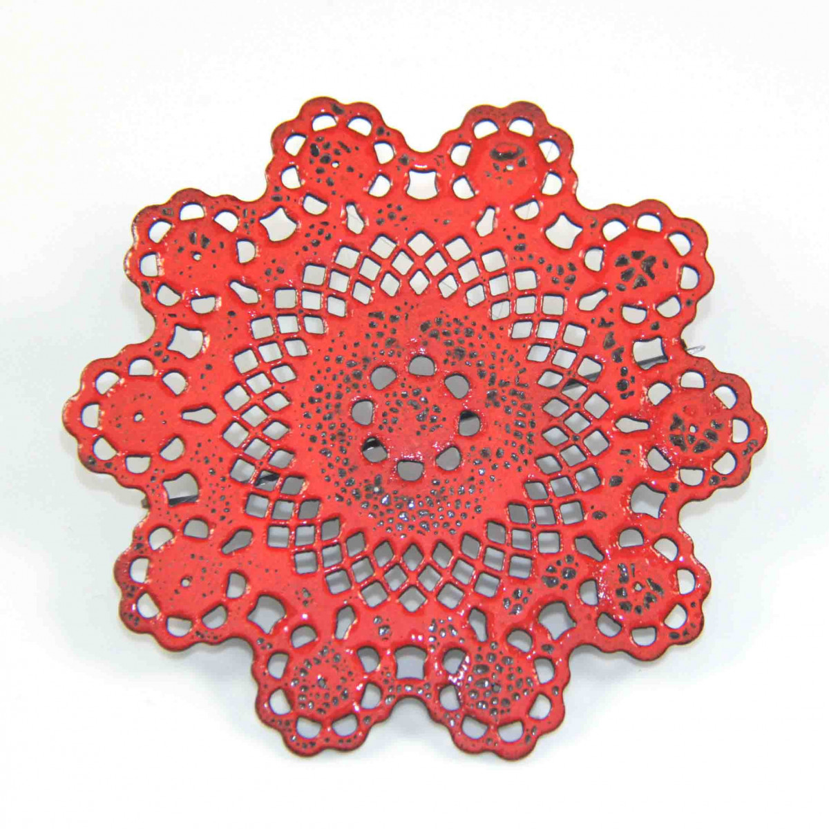 Alice Whish, Red Lace, Enamel on Laser Cut Steel, 80mm Across